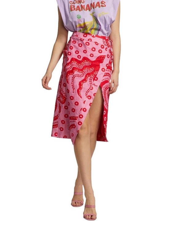 FARM Rio Dresses & Skirts - Farm Rio Octocool Linen Wrap Skirt Midi Red Pink Size S Beach Graphic Colorful